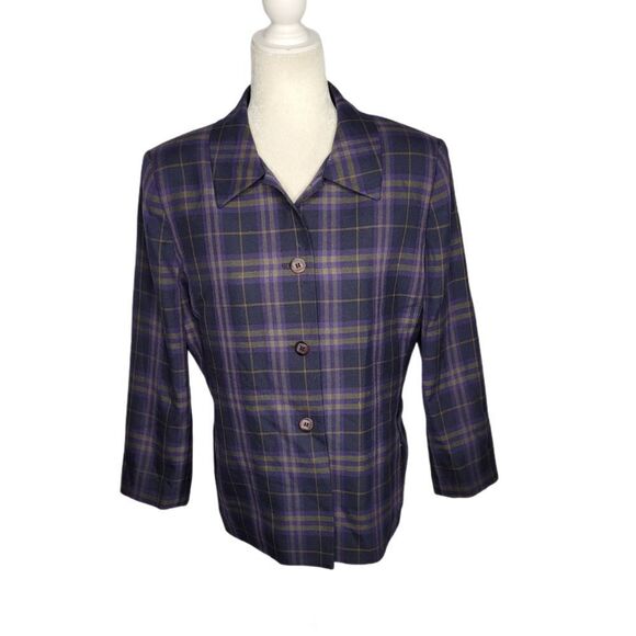 VINTAGE 90s blazer dark academia tartan plaid‎ button up jacket M - Picture 1 of 7